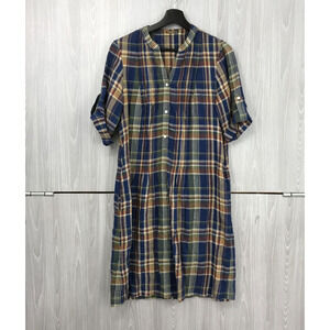 J. Mclaughlin Riviera Dress Small Navy-Brown Plaid Pintuck‎ Linen Casual Pockets